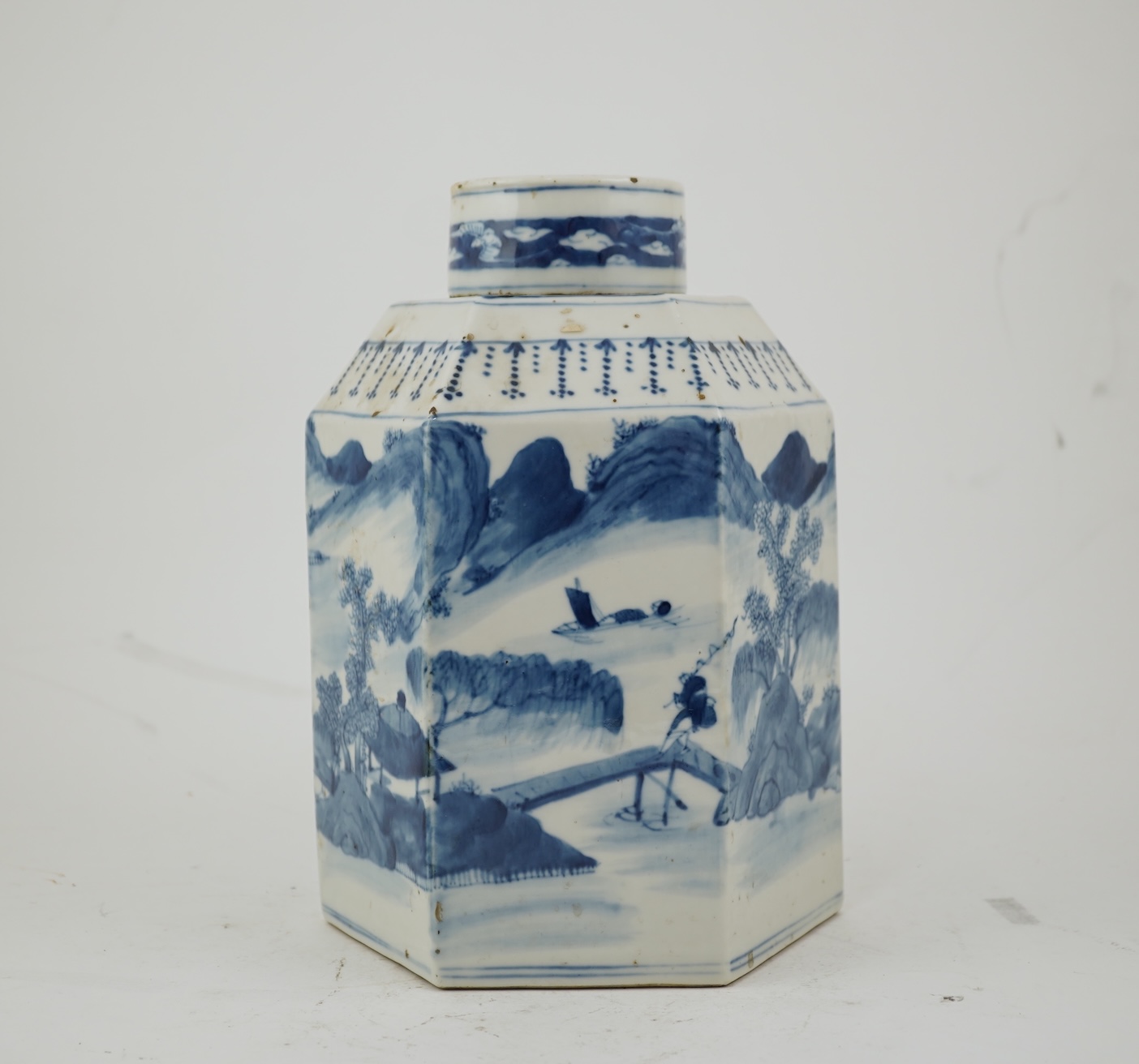 A Chinese blue and white ‘landscape’ hexagonal jar and cover, late 19th century
